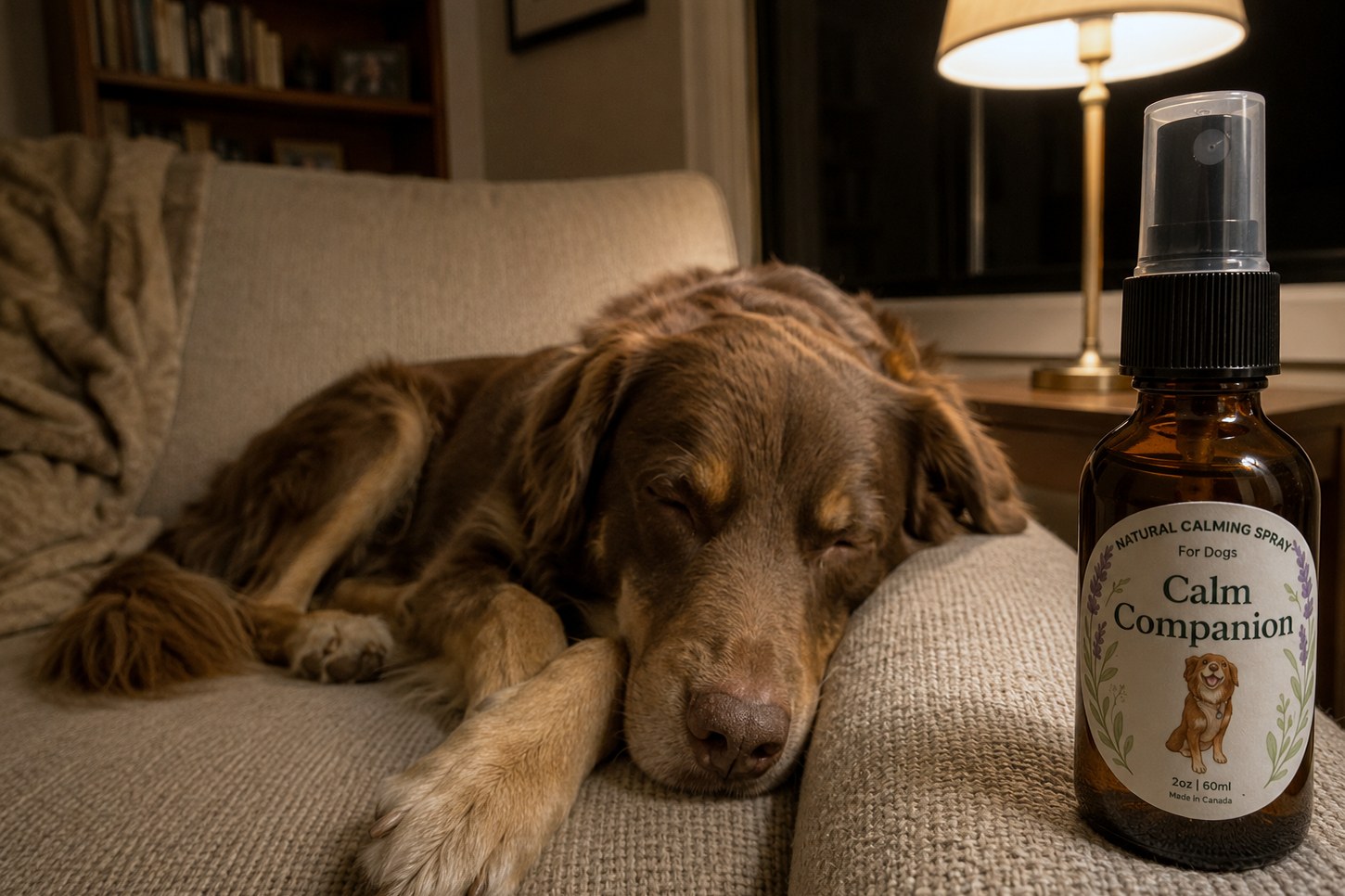 Evening — dog asleep beside the product under lamplight